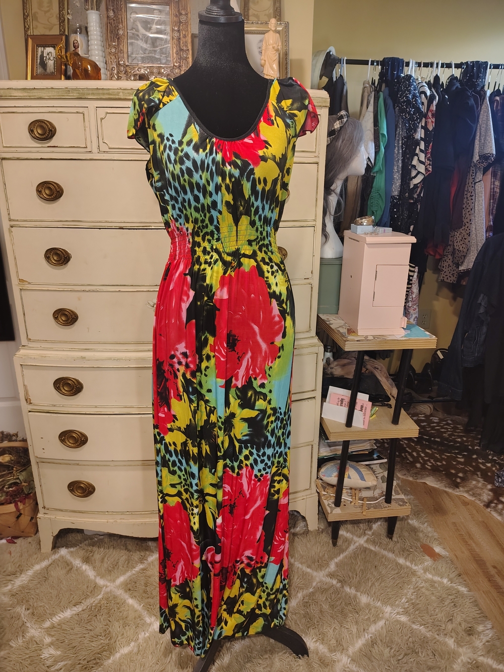 Bold Floral & Animal Print Maxi Dress in Red, Yellow & Aqua